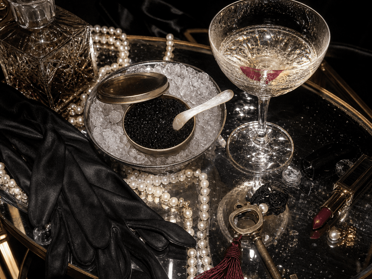 A mirrored table arranged with caviar, pearls and black gloves