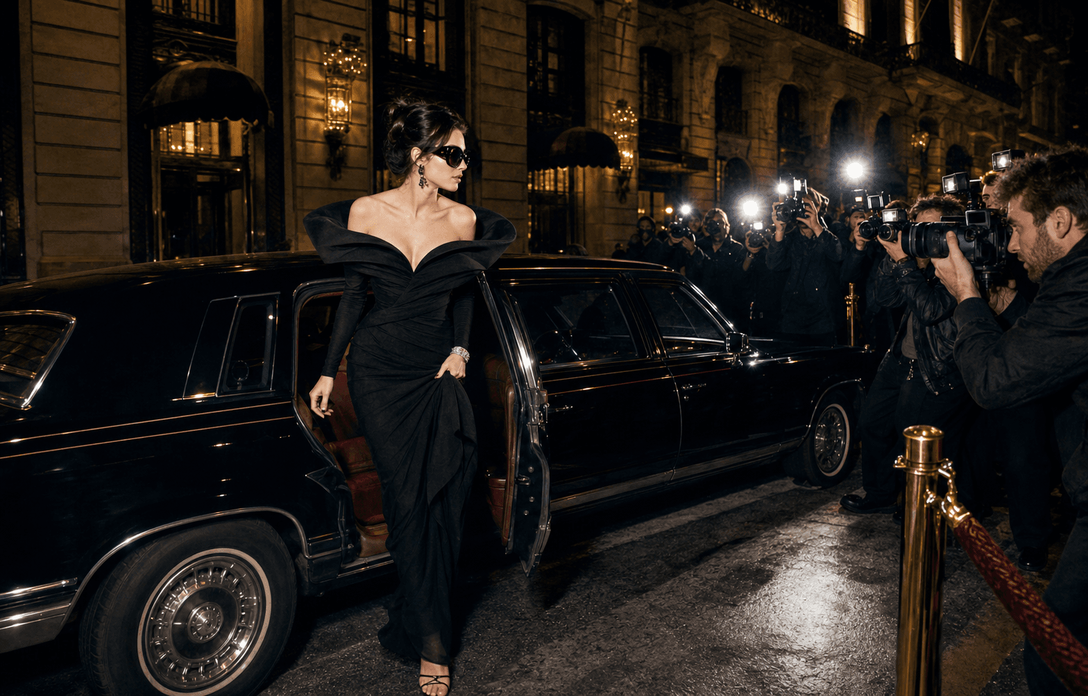 A glamorous guest in a black gown exiting a limousine amid photographers